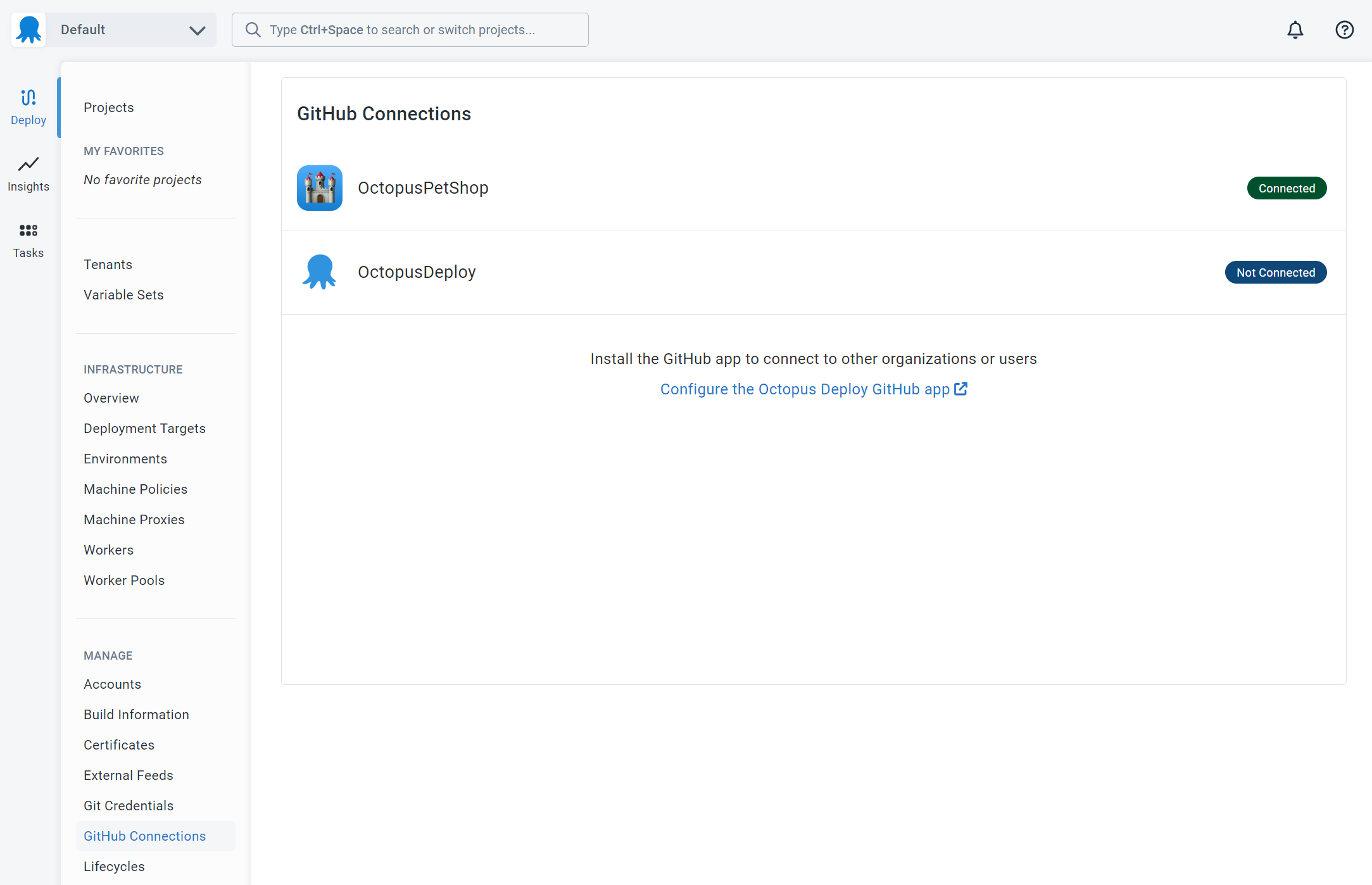 Screenshot of Octopus Deploy GitHub Connections screen showing OctopusPetShop organization connected and OctopusDeploy organization not connected