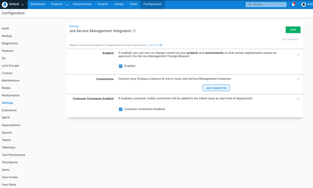 JSM Integration Settings page