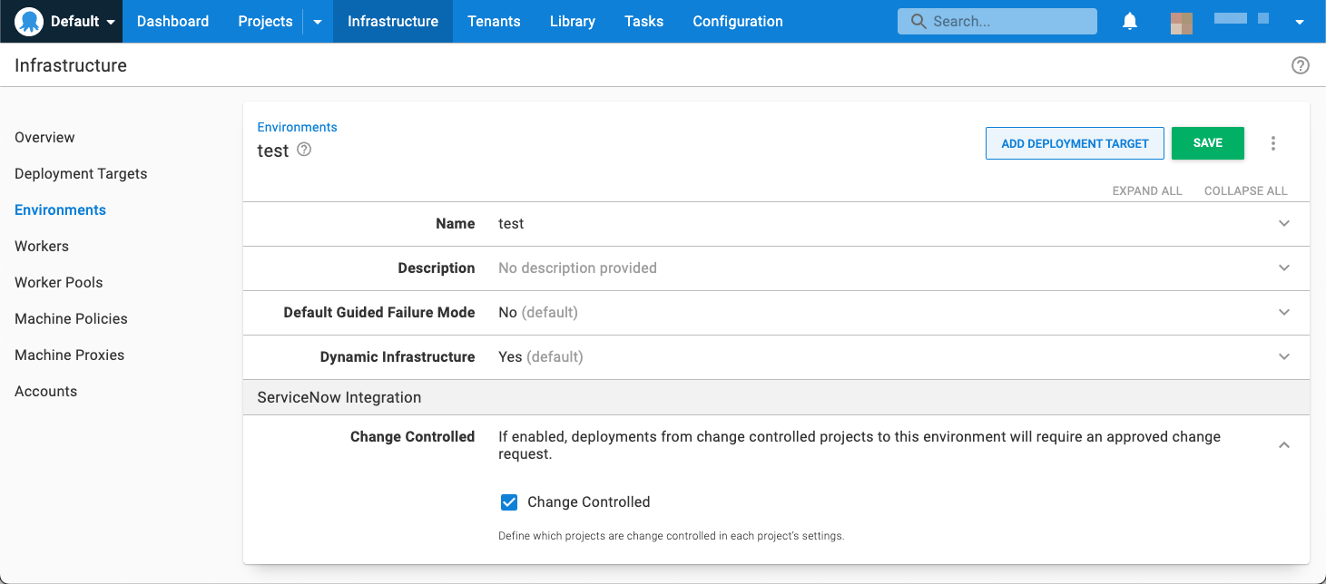 ServiceNow Integration Environment settings