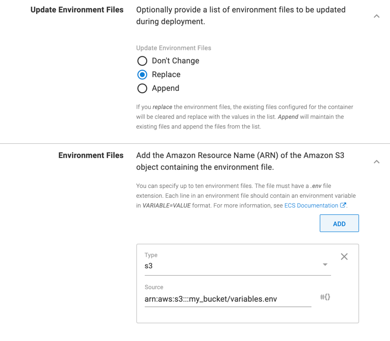 Update ECS Step Container Definition Environment Files