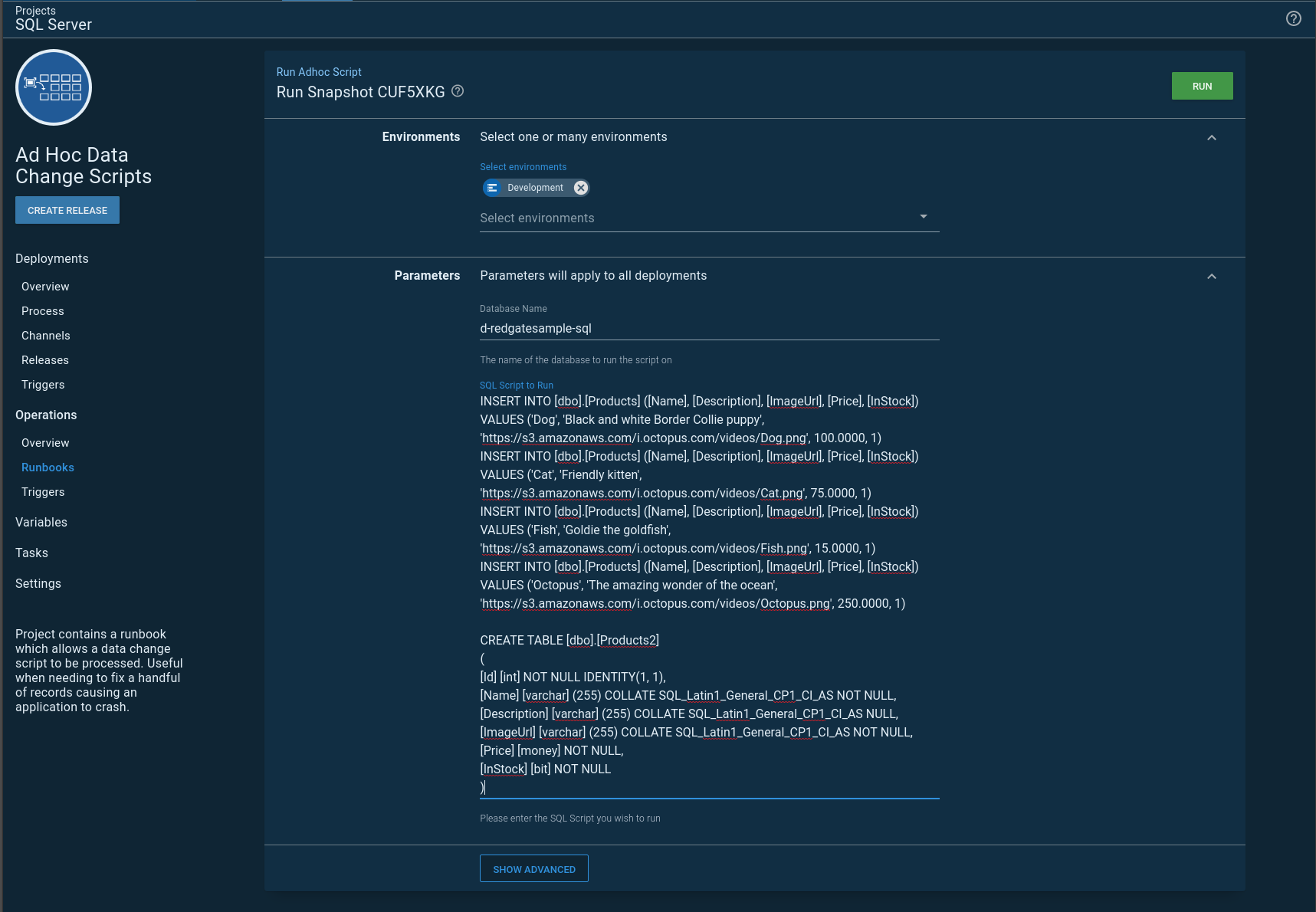 The prompted variables for the ad-hoc script process