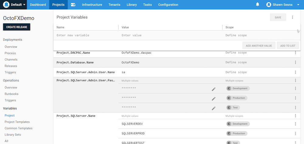 The project variables in the Octopus Web Portal