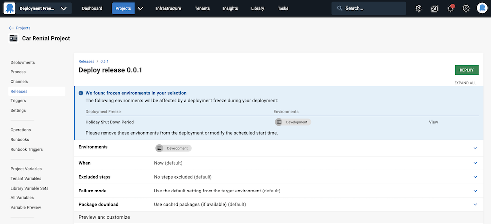 Override a deployment freeze from deploy a release page