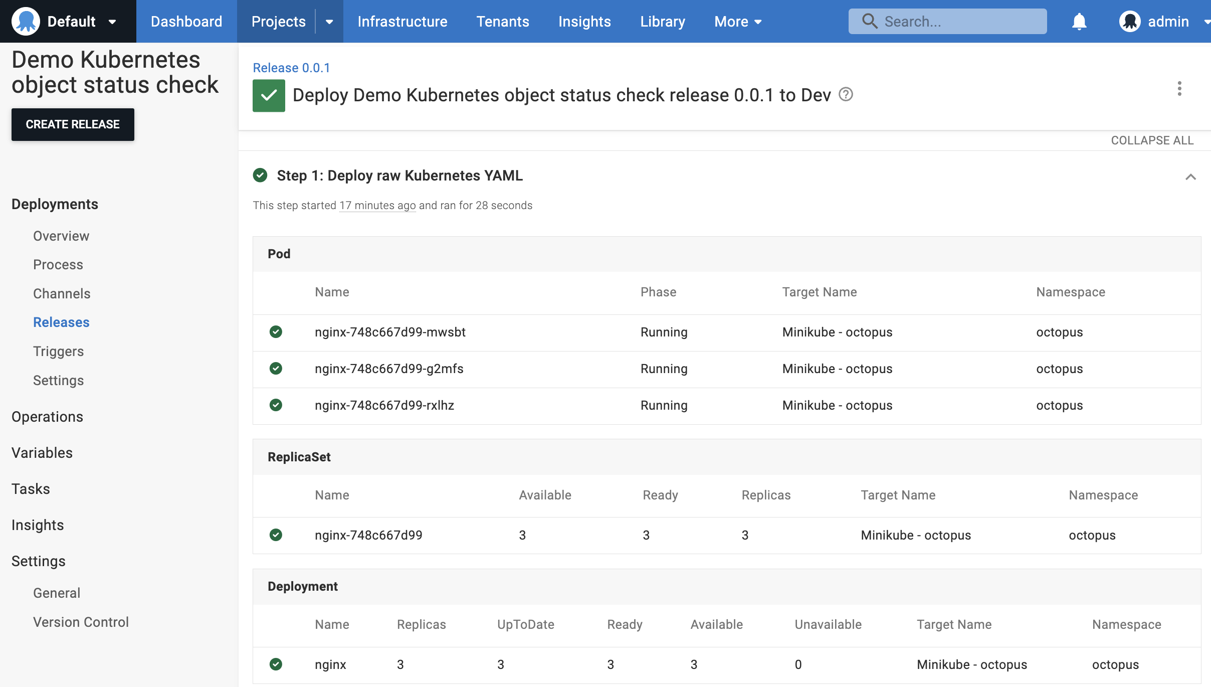 A screenshot of the Kubernetes Object Status tab