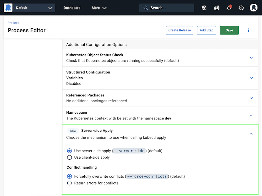 Server-Side Apply configuration options