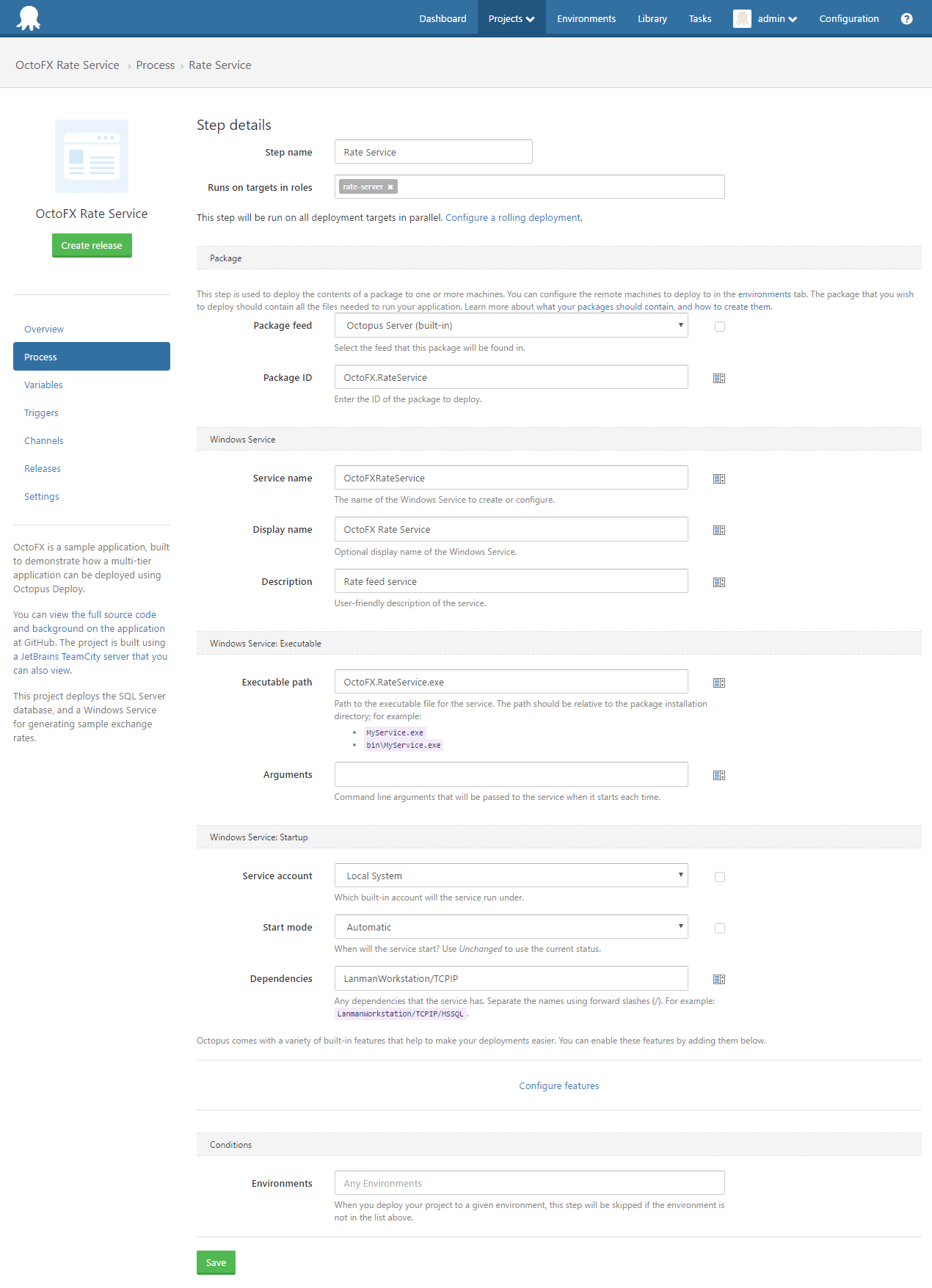 Windows service configuration