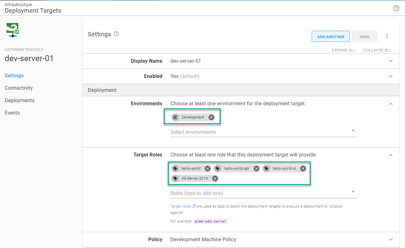 Environments and target tags for a deployment target