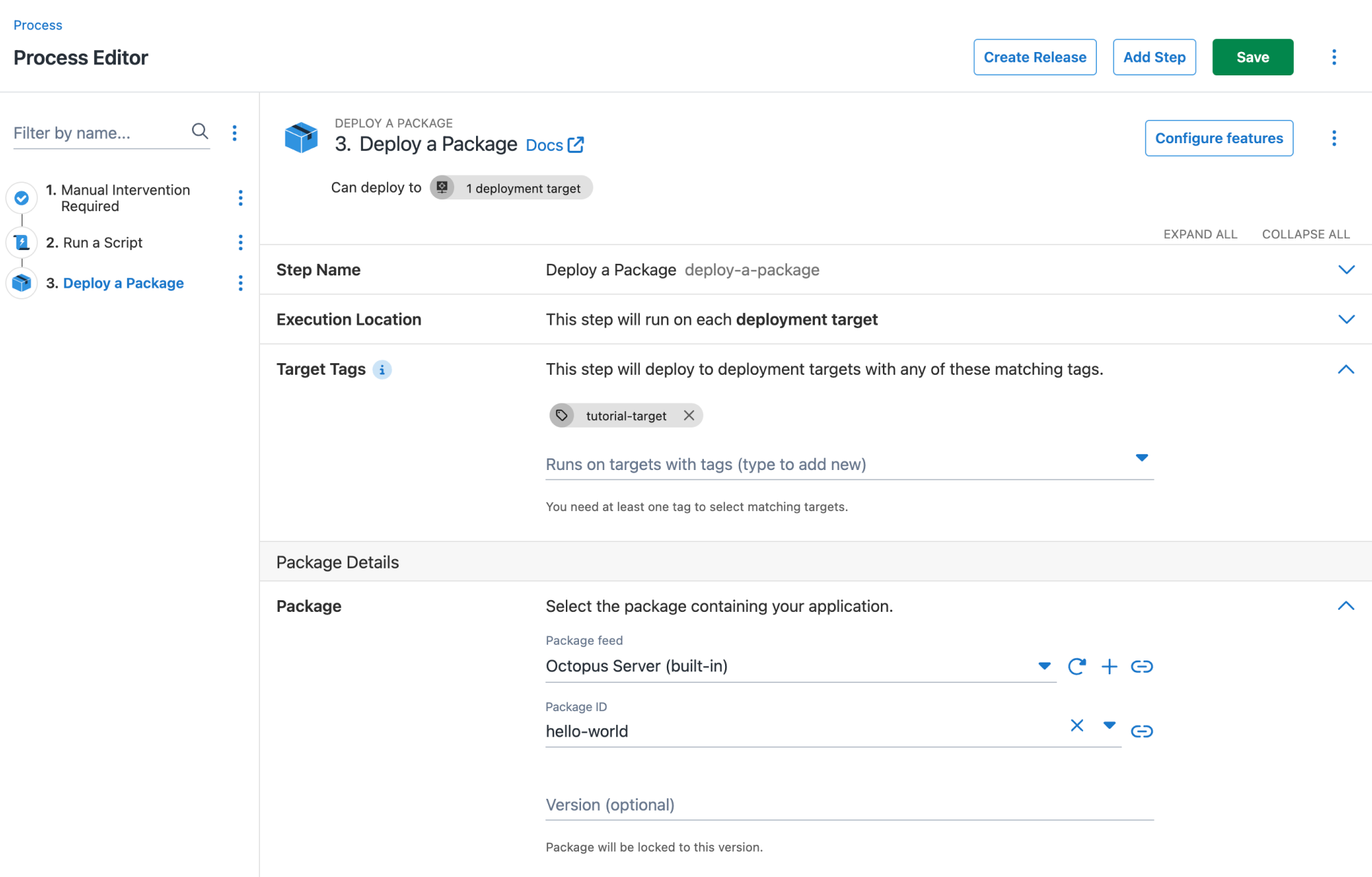 Deploy a package step with target tag and package selected