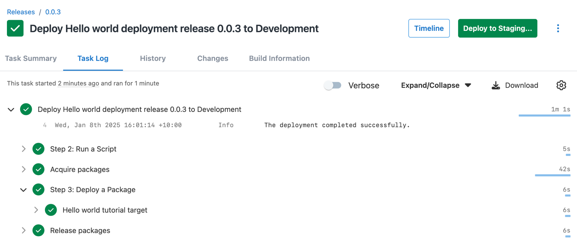 Task log of deploying a package to the Hello world tutorial target