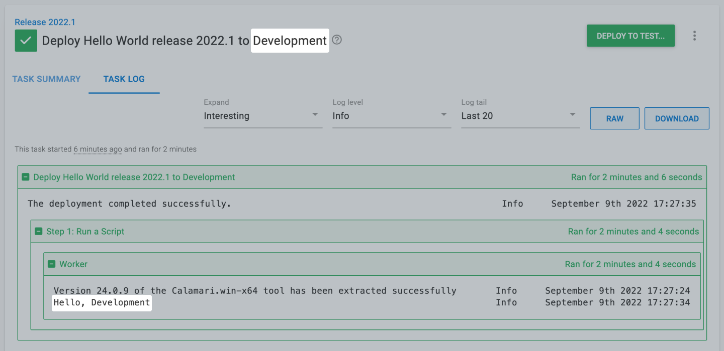 The results of the hello world deployment with variables