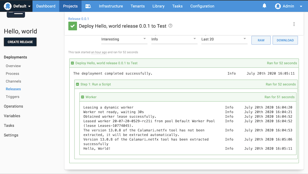 The results of the Hello world deployment