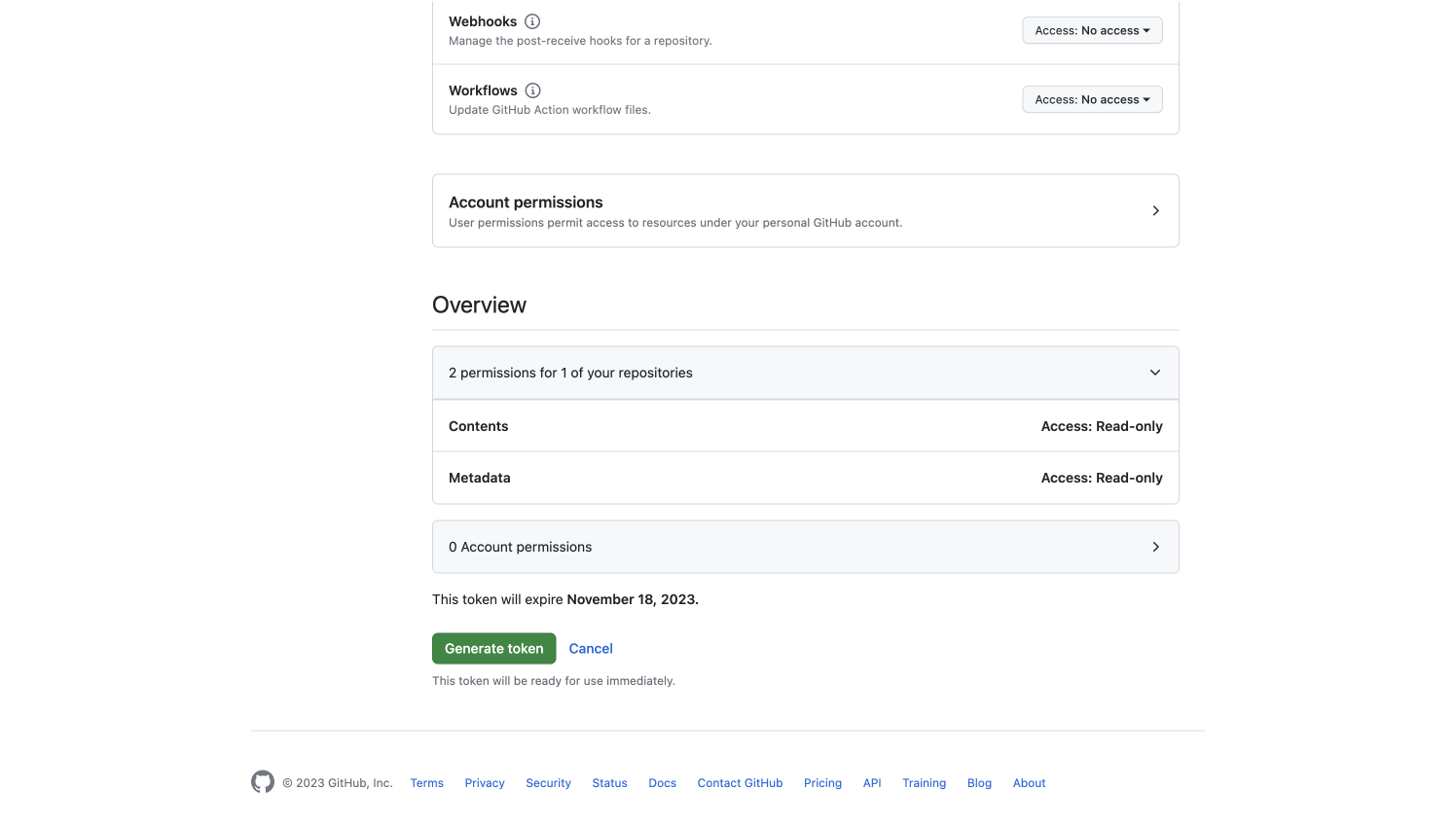 A GitHub settings page where users can manage permissions for fine-grained tokens