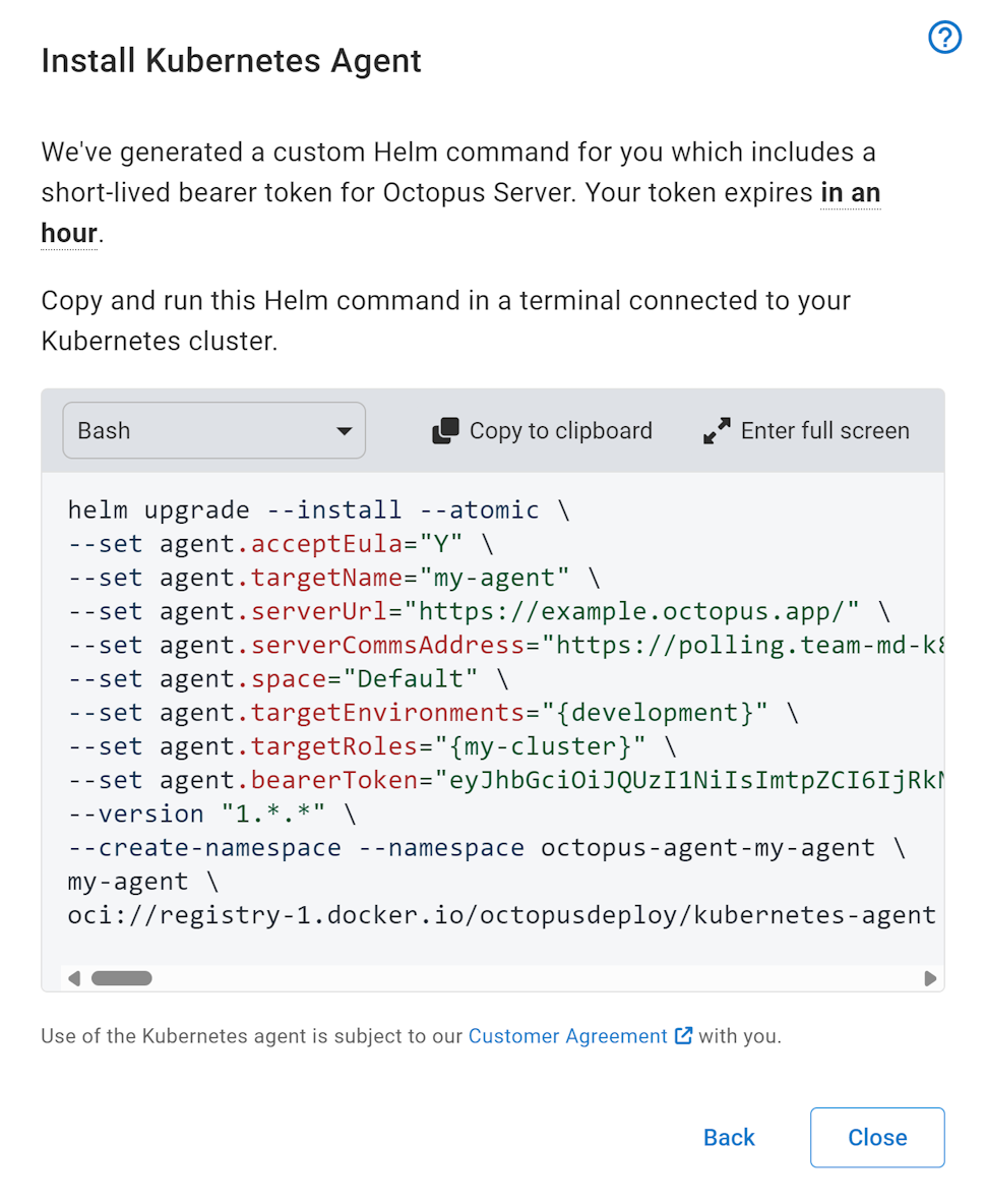 Kubernetes Agent Wizard Helm command Page