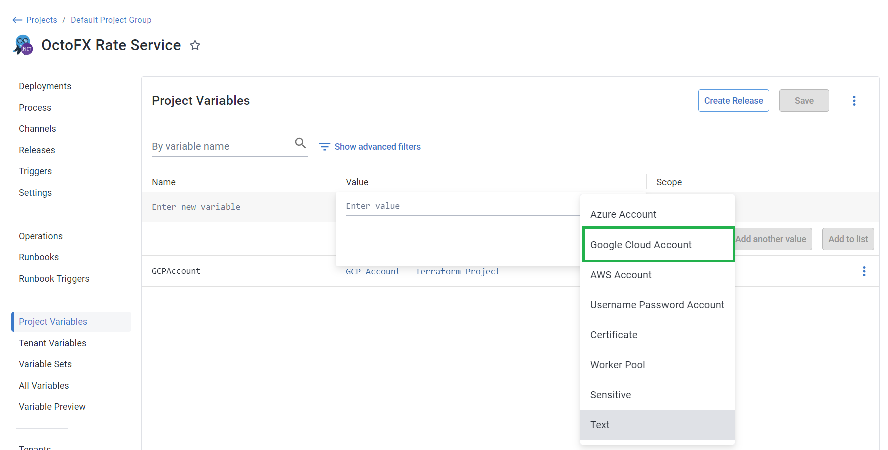 Google Cloud account variable