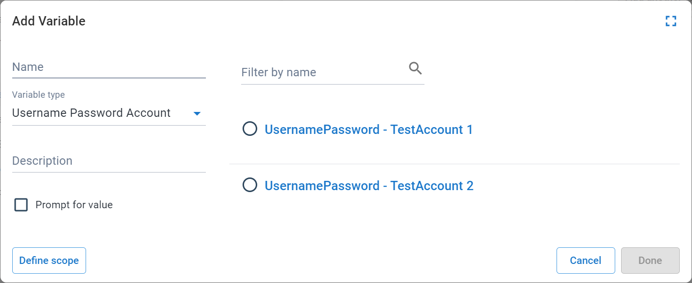 Username Password account variable selection