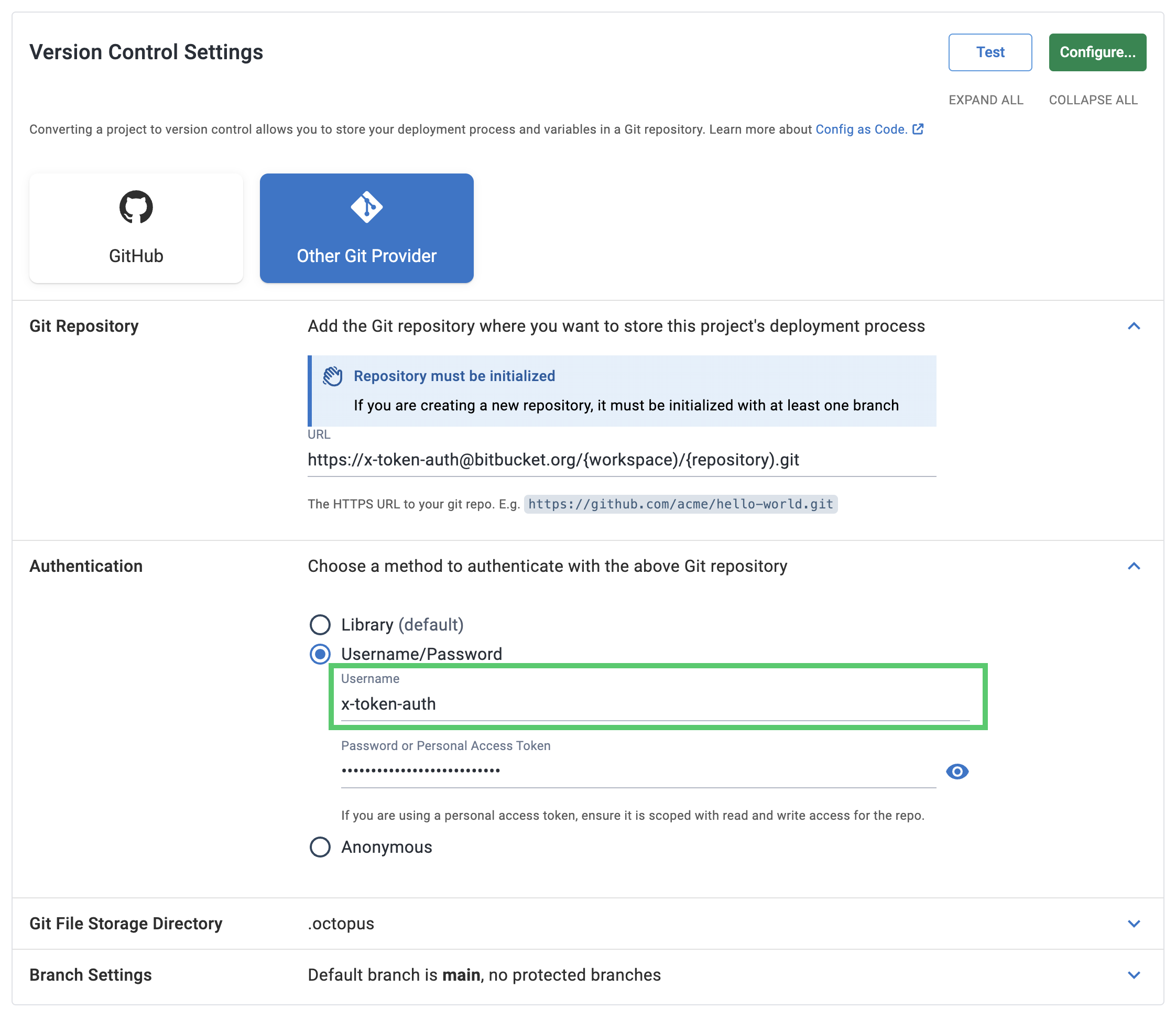 Screenshot of Octopus Version Control Settings page with Authentication section expanded. Username/password auth method is selected, the Username input field is highlighted with a bold red box, and contains the value x-token-auth