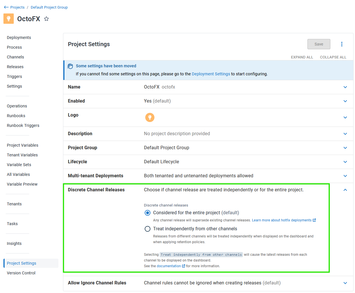 Discrete channel releases project setting