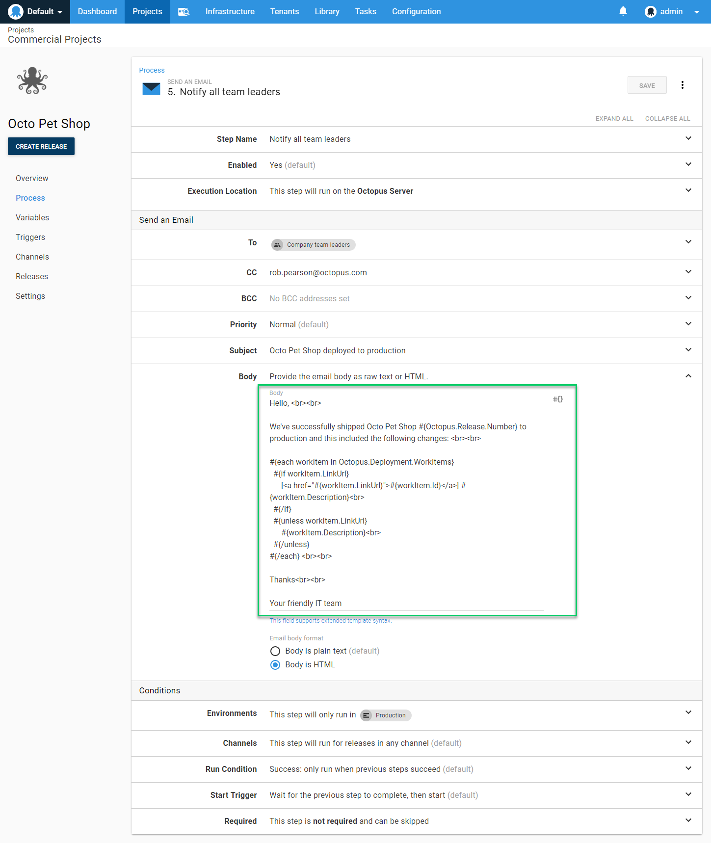 Deployment notes variables in email step