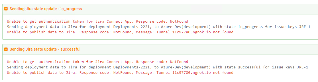 Deployment task log with warnings