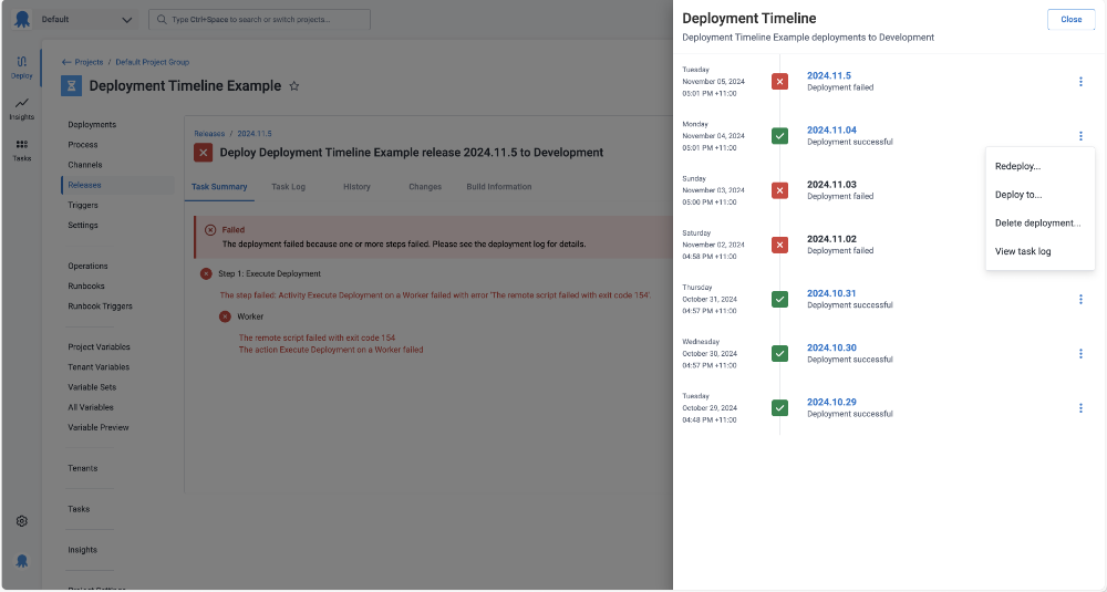 The deployment Timeline with overflow menu for last successful deployment